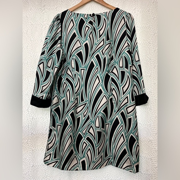 Tibi Shift Dress Size 10 Geometric Pattern Black White Teal 100% Silk Business - Picture 15 of 16
